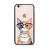 iPhone 6 / 6S , Colorful Rubber Flexible Silicone Case Bumper for Apple Clear Cover - Nerdy Cat Having Coffee