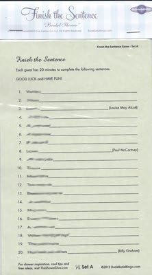 Bridal Shower Finish the Sentence Word Game (For 10 Guests)