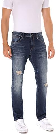 Indigo alpha Men's Slim Tapered Fit Blue Ripped Destroyed Distressed Faded Stretchy Denim Jeans（8018,W38/L34）