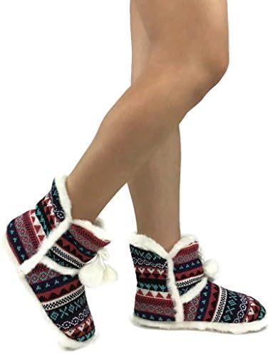 Elsa Warm Cozy Sweater Knit Slippers Pom Poms Indoor/Outdoor Bootie Slippers, Tribal Print, M-L