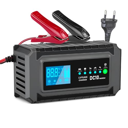 Intelligent Battery Charger 10A 12V/24V for Car and Motorcycle – Automatic LCD Charger, Winter/Summer Mode, Multiple Protection and Repair Function, for AGM, EFB, Gel Lead-Acid Batteries