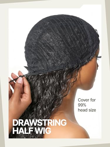 Frodio Curly Half Wig 26 Inches Veralux™ Fiber Blend Human Hair Headband Wig 3 in 1 Shaggy Wave Flip Over Drawstring Wig 200% Density Natural Black Ready to Go Glueless Wig for Women