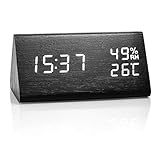 Idealin Alarm Clock Wooden Made LED Display with 3 Level Brightness Dimmer Temperature Humidity USB Port for Charging Ideal for Home and Office