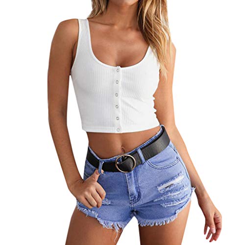 Women's Summer Basic Sexy Strappy Sleeveless Racerback Crop Top Womens Sexy Button Tank Top Vest Off Shoulder Halter Blouse T-Shirt