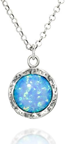 Shimmering 925 Sterling Silver Necklace with Round Created Blue or White Opal Pendant, 18" + 4" Extender