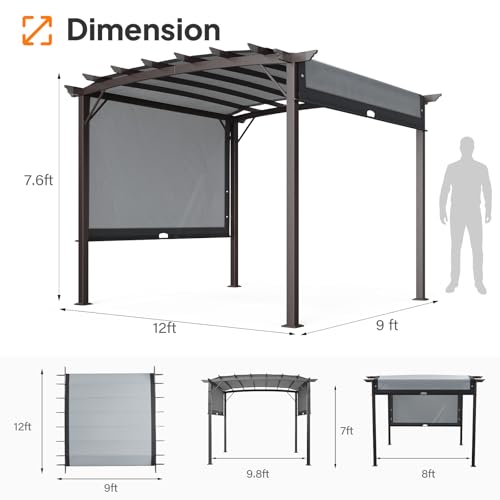 VINGLI 9'x12' Outdoor Retractable Pergola Canopy w/Adjustable Sun Shade image 13