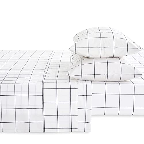 Wake In Cloud White Grid Sheet Set, 100 Washed Cotton Bedding, White
