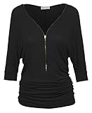 Women's V Neck Zip Front 3/4 Sleeve Side Ruched Casual Lightweight Tunic Top