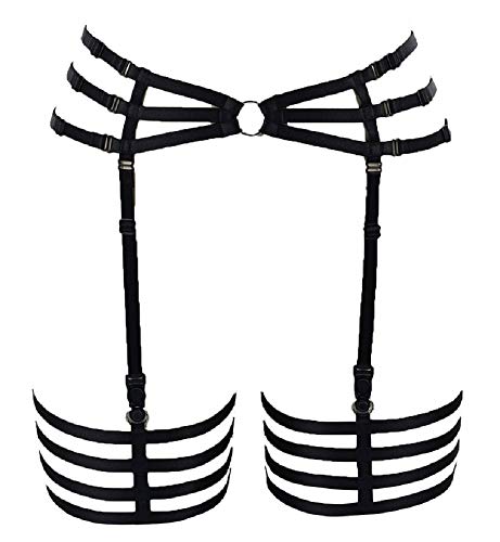 BODY CAGE Women's Leg Garters for Stockings Harness Suspenders Belt Punk Gothic Dance Lingerie Accessories Stockings Garter Belt (Black)