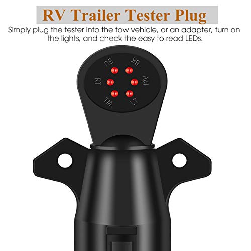 SUZCO 7-Way 6 Function RV Trailer Plug Light Circuit Tester Adapter, Black Round 7 Flat Pin Controller 12V for RV Trailer Boat SUV Truck