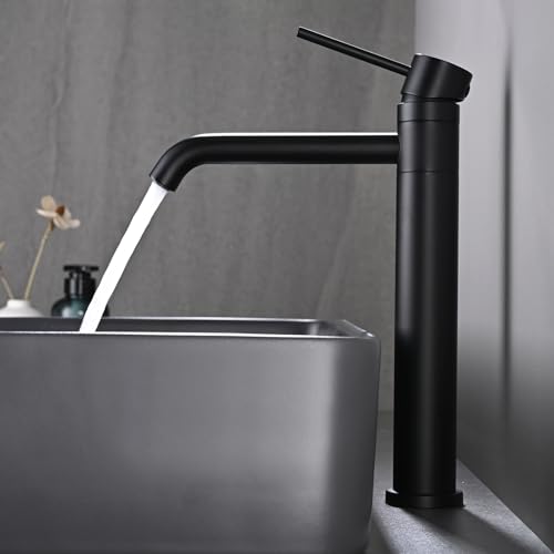 DETBOM 360° Swivel High Basin Mixer Tap Single Lever Hot and Cold Water, Bathroom Mixer Tap 304 Stainless Steel, Removable Aerator, Black