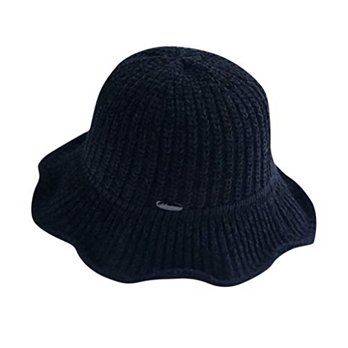Crytech Women Plain Chenille Thermal Woolen Knitted Crochet Foldable Bucket Sun Hat Cute Flower Shaped Winter Warm Outdoor Fisherman Beanie Visor with Wide Brim for Teens Girls (Black)