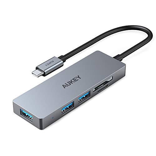 USB C Hub AUKEY 5 in 1 Aluminum Type C Adapter with SD/TF Card Reader & 3 USB 3.0 Ports (5Gbps Data Transfer Speed) USB C Adapter for 2019-2016 MacBook Pro 13/15, ChromeBook Pixelbook, XPS and More