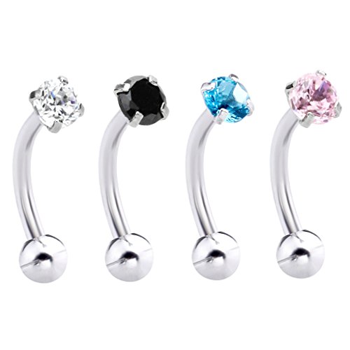 JOVIVI 8pc 16G Stainless Steel Round Clear Cubic Zircon Curved Barbell Eyebrow Ring Earring Piercing Jewelry 3/8