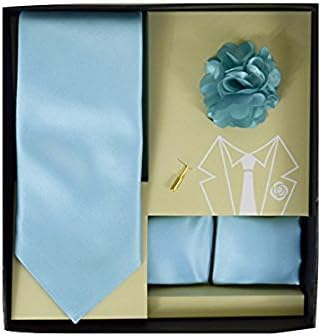 Men's Microfiber Light Blue Matching Necktie Tie, Hanky and Lapel Pin Box Set