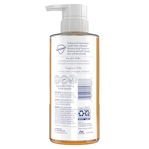 SAFEGUARD LIQUID HAND SOAP, MICELLAR DEEP CLEANSING, WASHES AWAY 99% BACTERIA, MADE WITH NATURAL MOISTURIZERS, ENRICHED WITH SKIN CONDITIONERS, PH BALANCED, COCONUT SCENT 10.1 OZ (PACK OF 4)