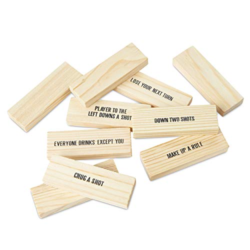 Tri-Coastal Design Shot Blocks Party Building Game with 60 Tower Playing Pieces and 4 Custom Shot Glasses with Funny Sayings for Bachelorette Parties and Girls Night Out
