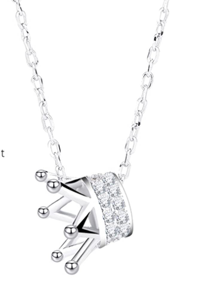 Princess Crown Charm Necklace for Women Girls 925 Sterling Silver Delicate Cute Crystal CZ Queen Royal Tiara Pendant Luck Choker 18" Silver Chain Adjustable Dainty Wedding Jewelry Birthday Gift Box