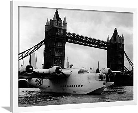 ArtEdge RAF Suderland Flying-Boat Moored Next to Tower Bridge, Thames River, September 1950 White Framed Wall Art Print, 24x32 in