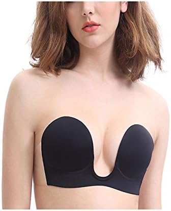 Amofer Strapless Bra With U-Shaped Pad Push-up Reusable Silicone For Women Self Adhesive Sticky Backless Dresses Bras (C, Black)