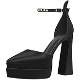onlymakerheels Women’s Double High Chunky Platform Pointed Closed Toe Chunky Heels Ankle Strap Rhinestone Pumps Shoes for Dress Wedding Party