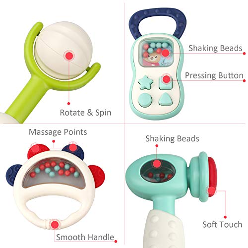 GrowthPic Baby Rattles Teether 2 in 1 Teething Toysï¼ŒInfant Grasping Grab Silicone Teething Chewing Toys Spin Baby Rattles Gift Setï¼ŒShaking Bell Musical Toys for Newborns 3, 4, 5, 6, 7, 9, 12, Month