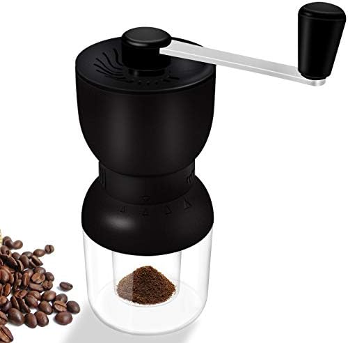 Coffee Grinder Manual, LHS Ceramic Coffee Mill Fine Conical Ceramic Burrs Black,2 Size Clear Glass Jars Infinitely Adjustment Nut Grind Removable Hand Crank Coffee Mill Quiet and Portable for Travel