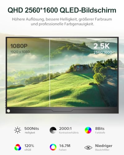 Uperfect 16 Inch 2.5K QLED Portable Monitor with 2560 x 1600 2000:1 High Contrast Ratio 500 Nits QHD Screen HDMI USB C for PC Laptop Mobile Phone Xbo Switch PS-4/5, Portable Display VESA Compatible