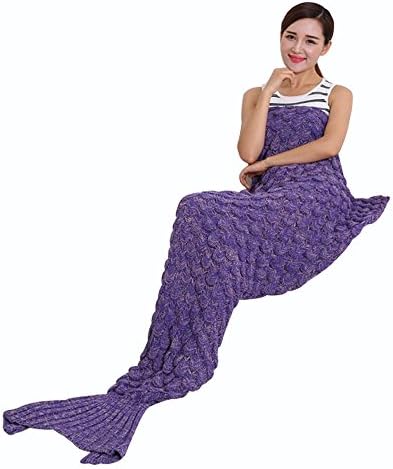 Juissie Handmade Knitted Mermaid Tail Blanket ,Warm Sofa Living room blanket for Adults and Kids (190cmX90cm) (74.8 inch x35.4 inch )(Purple)