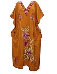 Womens Kaftan Brown Embroidered House Dress Boho Hippie Caftan XL
