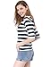 Allegra K Women's Elbow Sleeves Top Round Neck Slim Fit Tee Casual Printed T-Shirt X-Large White Dark Blue