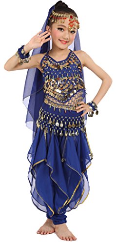 Cielary Kids Girls Belly Dance Halter Top Harem Pants Costume Set Halloween Outfit with Head Veil Waist Chain and Bracelets (M(Height: 47