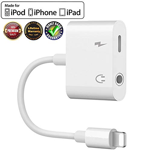 Lightning to 3.5 mm Headphone Jack Adapter for iphone7 Adapter Dongle Aux Jack Adaptor Charger for iPhone X/8/8Plus, 2 in 1 Earphone Audio Connector Music Splitter Cable Accessories, Suppor IOS12