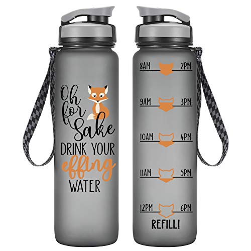 LEADO 32oz 1Liter Motivational Tracking Water Bottle with Time Marker - Oh for Fox Sake Drink Your Effing Water - Funny Birthday Gifts for Women, Wife, Mom, Daughter, Best Friend - Drink More Water