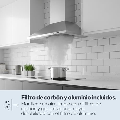 CCE117/1X, Campana extractora 70 CM, 3 Niveles de Potencia, 65W, 305M3/H, Filtros de Carbono, 2 Paneles Aluminio Antigrasa, Iluminación LED, 56/62DB, Clase C, Acero Inoxidable