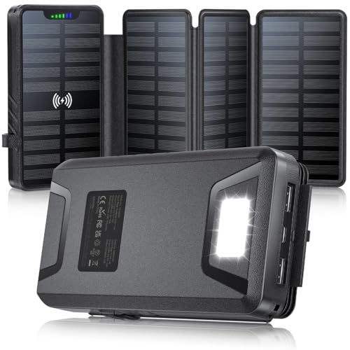 Solar Charger Power Bank 38800mAh with Dual 5V3.1A Outputs 10W Qi Wireless Charger Waterproof Built-in 4 Solar Panel and Bright Flashlights