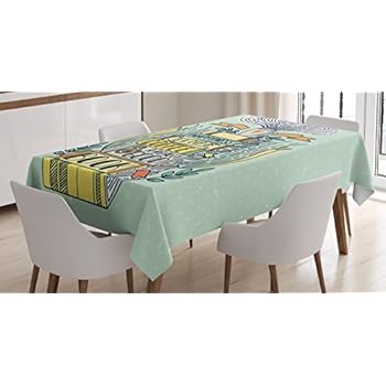Ambesonne Book Tablecloth, Wordsbout Happiness Being Related to Book Printed in Cartoon Style on Books, Dining Room Kitchen Rectangular Table Cover, 60