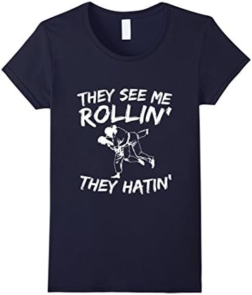 Womens They See Me Rollin' They Hatin' Funny Jiu Jitsu Tshirt Medium Navy