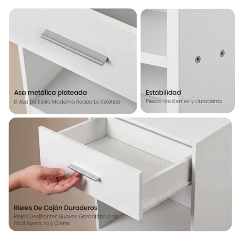 OSLIFE Juego de Buros para Recamara Minimalista,Par de Modernos Mesa de Noche Blanco,Mesa con Cajones,Side Table Pequeño,Estantería Abierta,Armarios Esquineros y Armarios de Almacenamiento(2 Pieza)