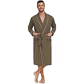 CF Men's 100% Cotton Robe Lightweight Bathrobe Long Sleeve Knit Kimono Sleepwear Soft Knee Length Shower Robe with Pockets