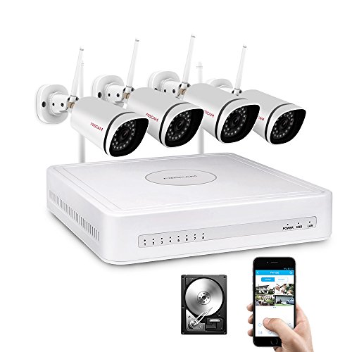 Foscam 4CH HD WiFi Security CCTV Surveillance System, Pre-installed 1TB HDD, Wireless NVR KIT, 4 HD 720P Indoor/Outdoor IP66 Waterproof Bullet IP Camera, 65FT Night Vision, FN-3104W-B4-1T