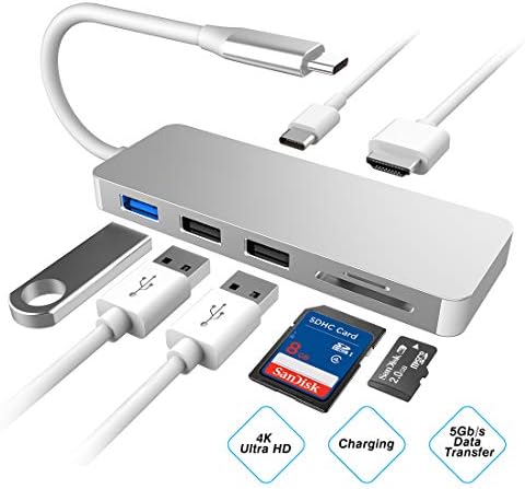USB C Hub 7 in 1 with HDMI 4K Adapter, Type C Hub with 3 USB Ports SD/TF Card Reader, Power Delivery Port for USB C Devices