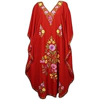 Womens Caftan Maxi Dress Red Designer Embroidered Kaftan One Size