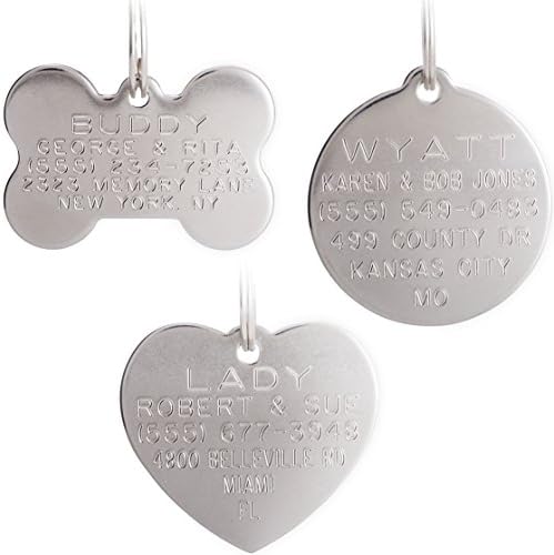 Leash Boss Heavy Duty Pet ID Tags - Stainless Steel Deep Engraved - Bone, Round, or Heart - 4 Sizes, X-Small to Large Available - Customized Identification Tags for Dogs and Cats