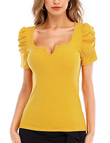 IECCP Womens Puff Short Sleeve Top V-Neck Tunic Casual Ribbed Knit T-Shirts Elegant Slim Blouse Yellow