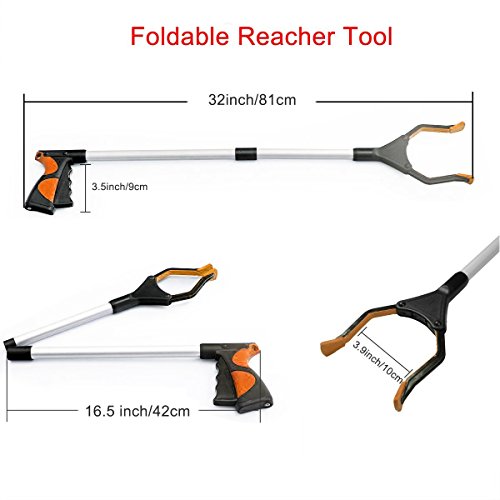 2 Pack - Reacher Grabber Pick up Tool, 32" Foldable Lightweight Long Duty Mobility Aid, Extender Gripper Tool, Claw Trash Garbage Picker (Orange and Blue)