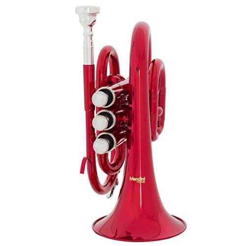Mendini MPT-RL Red Lacquer Brass Bb Pocket Trumpet with One-Year Warranty, Tuner, Mouthpiece and Deluxe Case