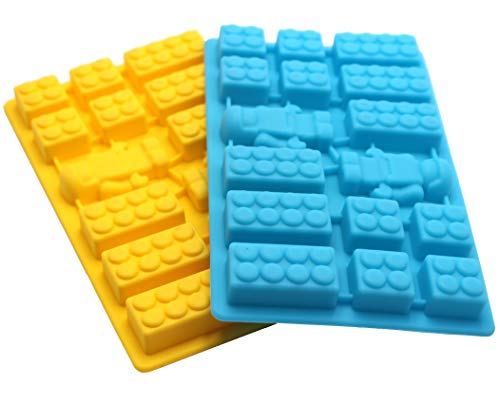 Lego Figure Multi Building Bricks Ice Cube Trays & Candy Chocolate Molds for Melted Chocolate & Crayons - Birthday Day or Party Favors - Set of 2, Much Fun for Lego Lovers(Blue & Yellow)