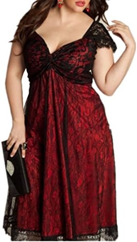 Firmeza Lady Womens Gothic V-neck Empire Waist Lace Party Midi Dress