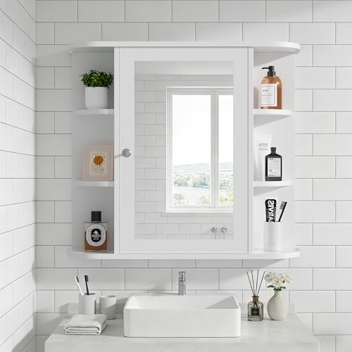 Shintenchi Bathroom Wall Cabinet with Mirror, Mounted Medicine Cabinets with 4 Internal and 6 Open Shelves, Mirrored Door Over the Toilet Storage, White